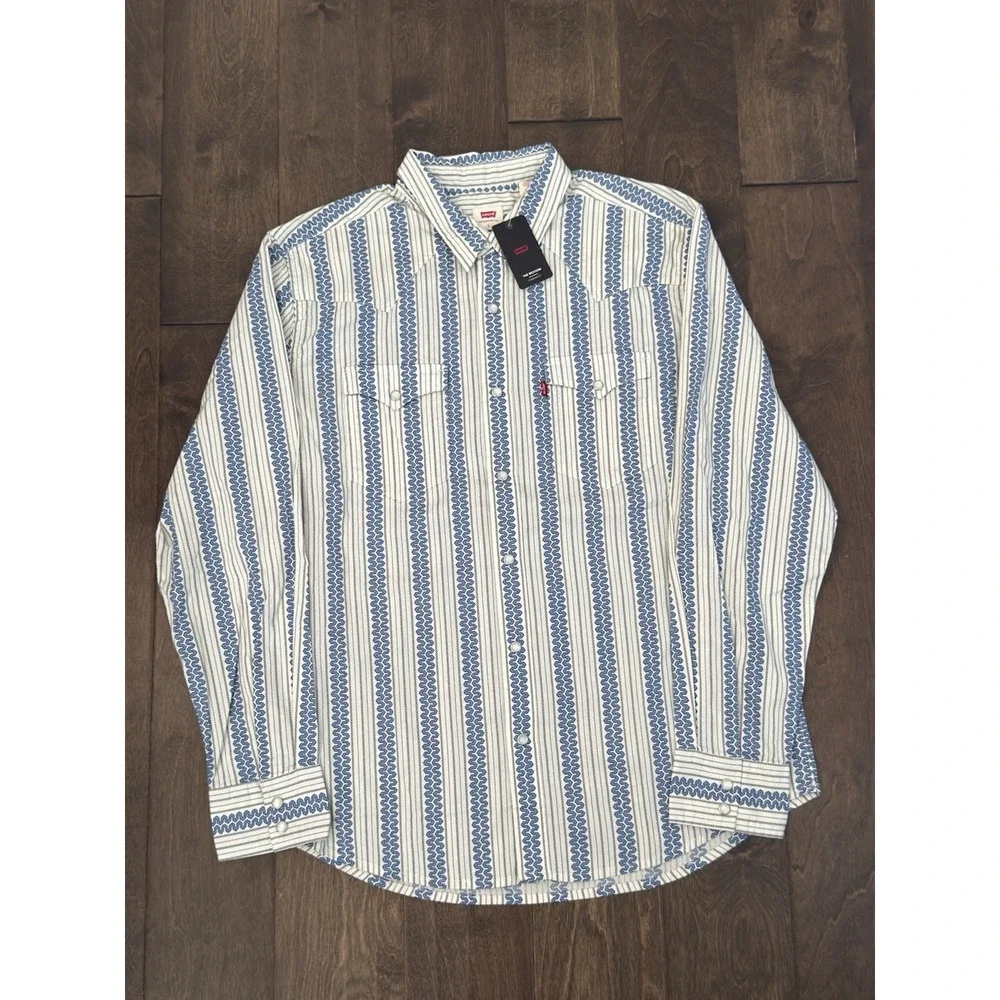 NWT Levis Western Standard Fit Long Sleeve Pearl Snap Shirt Wave Print Blue 2XL